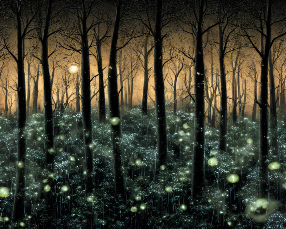 Enchanted forest at night with glowing orbs and soft light filtering through trees