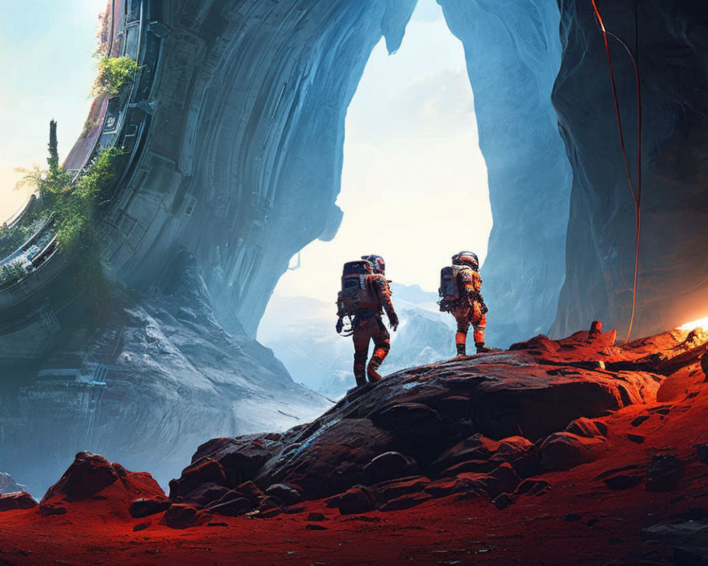 Astronauts exploring rocky alien landscape with ice formations and derelict spaceship