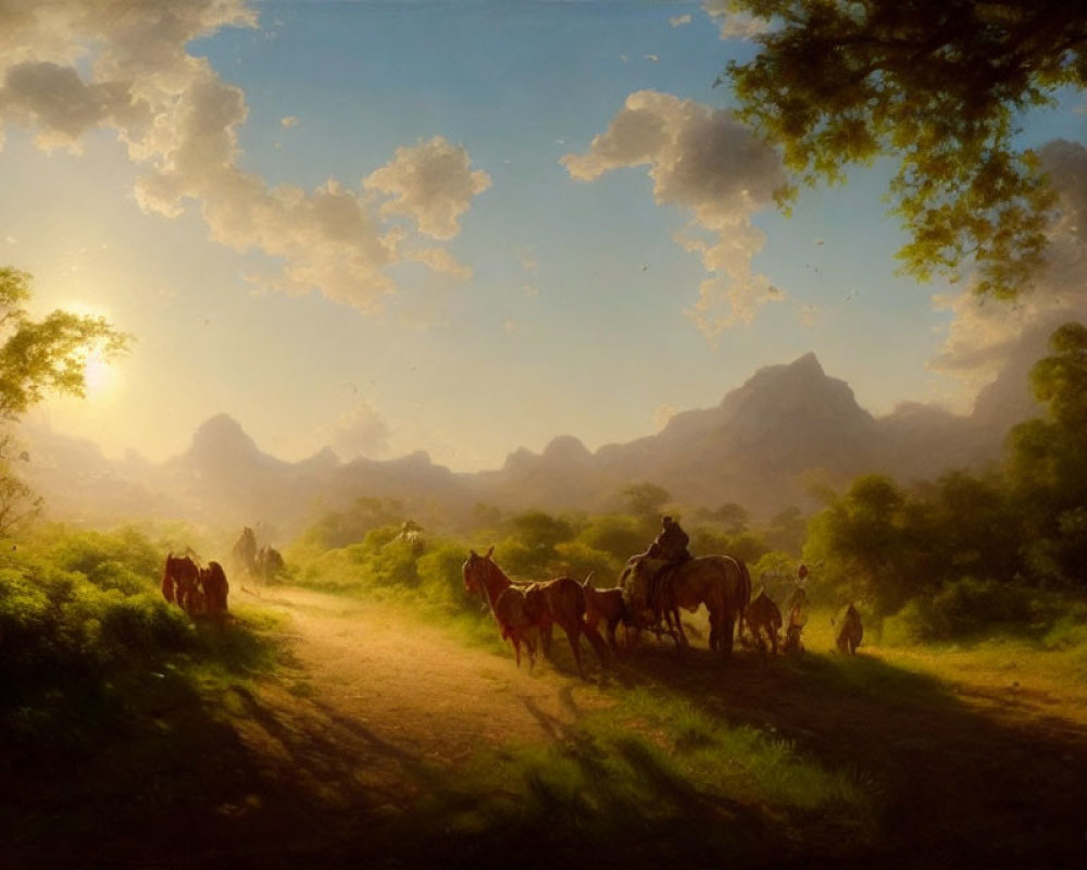 Equestrians and horses in tranquil landscape with trees and mountains