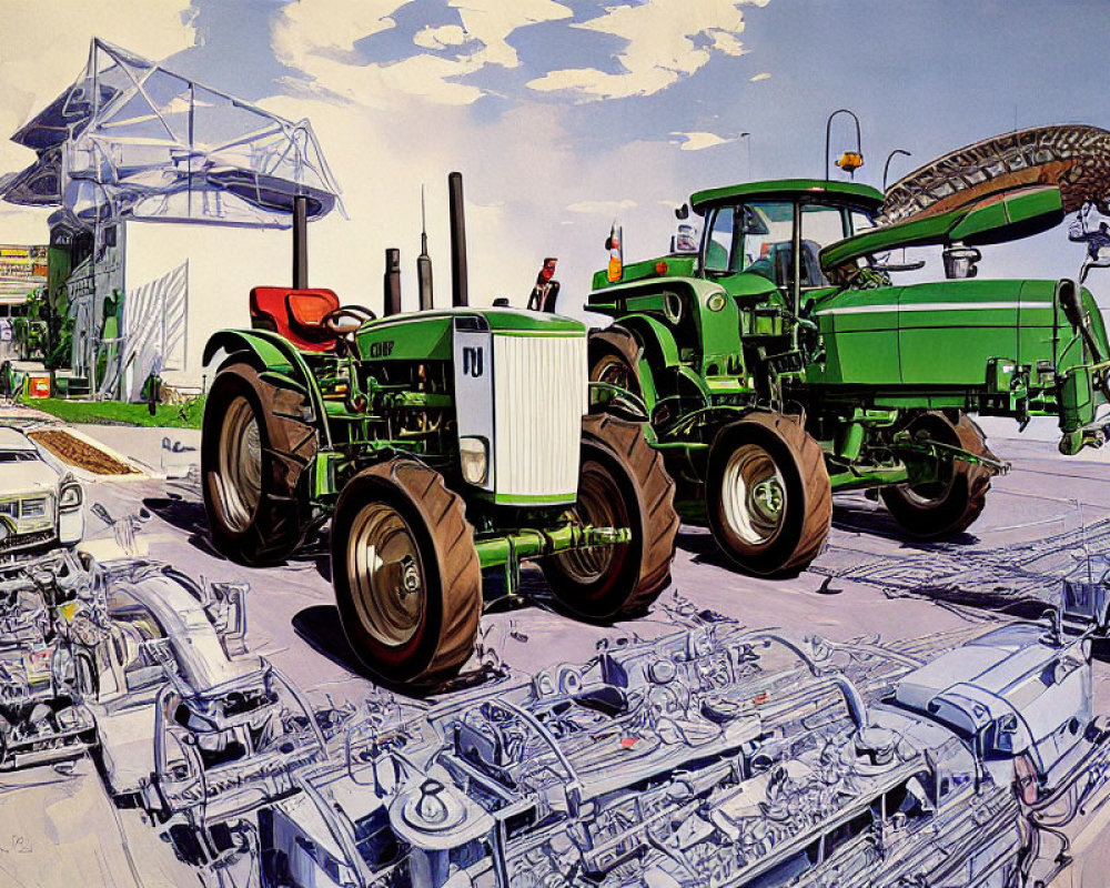 Detailed Illustration of White and Green Tractors with Mechanical Parts and Industrial Equipment