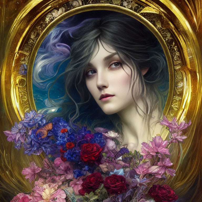 Fantasy portrait of woman with flowing hair and bouquet in ornate golden frame