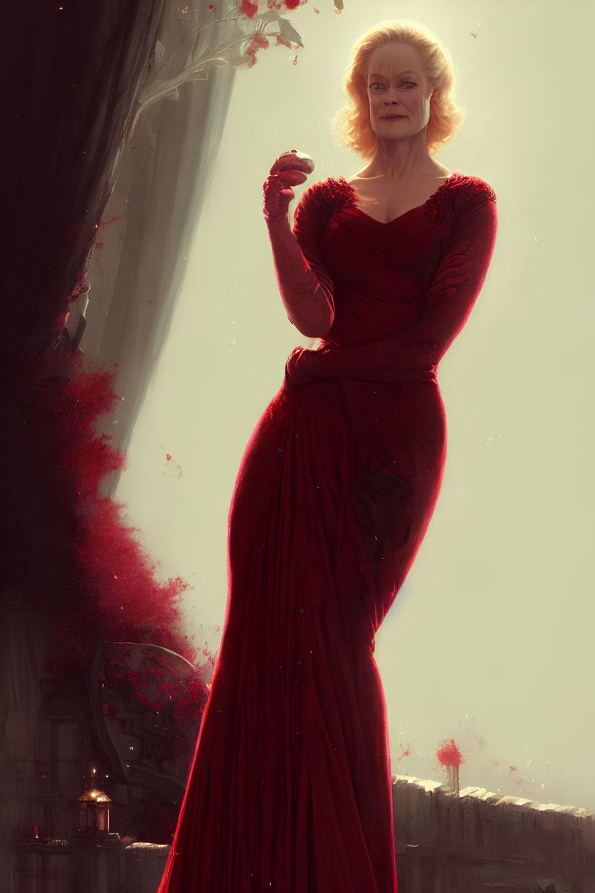 Confident woman in red gown with swirling mist against soft-lit backdrop