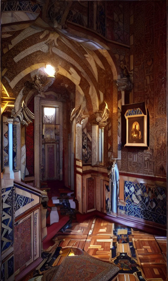 Elaborate Hallway with Decorative Tiles and Arches