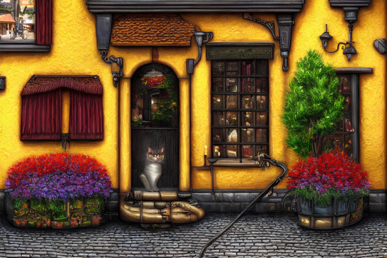 Charming yellow facade with cat figure, cobblestone street, and ornate windows