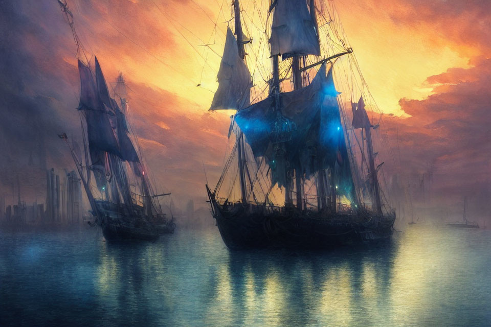 Majestic tall ships sailing on tranquil waters at sunset