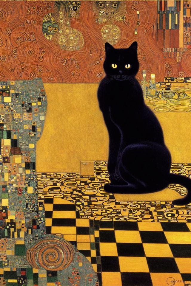 Black Cat on Checkered Surface with Abstract Mosaic Background