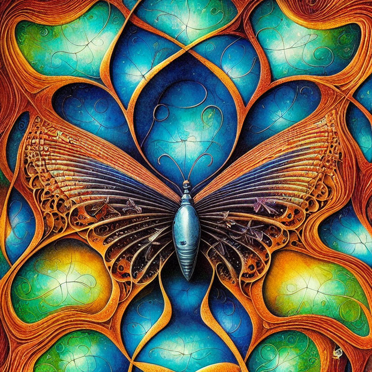 Symmetrical, vibrant butterfly artwork with intricate patterns