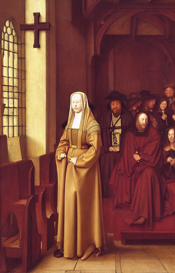 Nun standing in church with period attire onlookers and cross