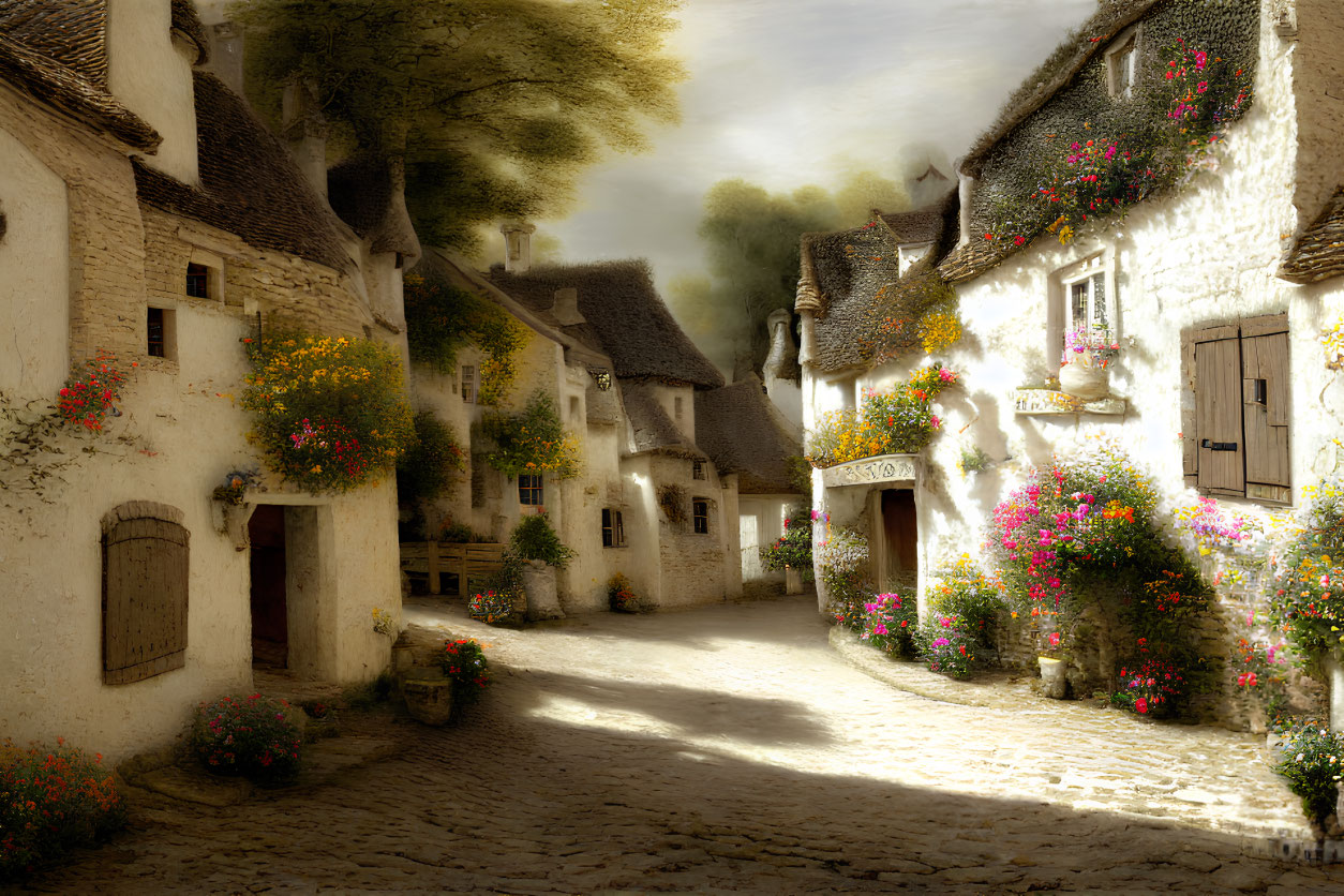 European village street with cobblestones, white thatched houses, and vibrant flowers