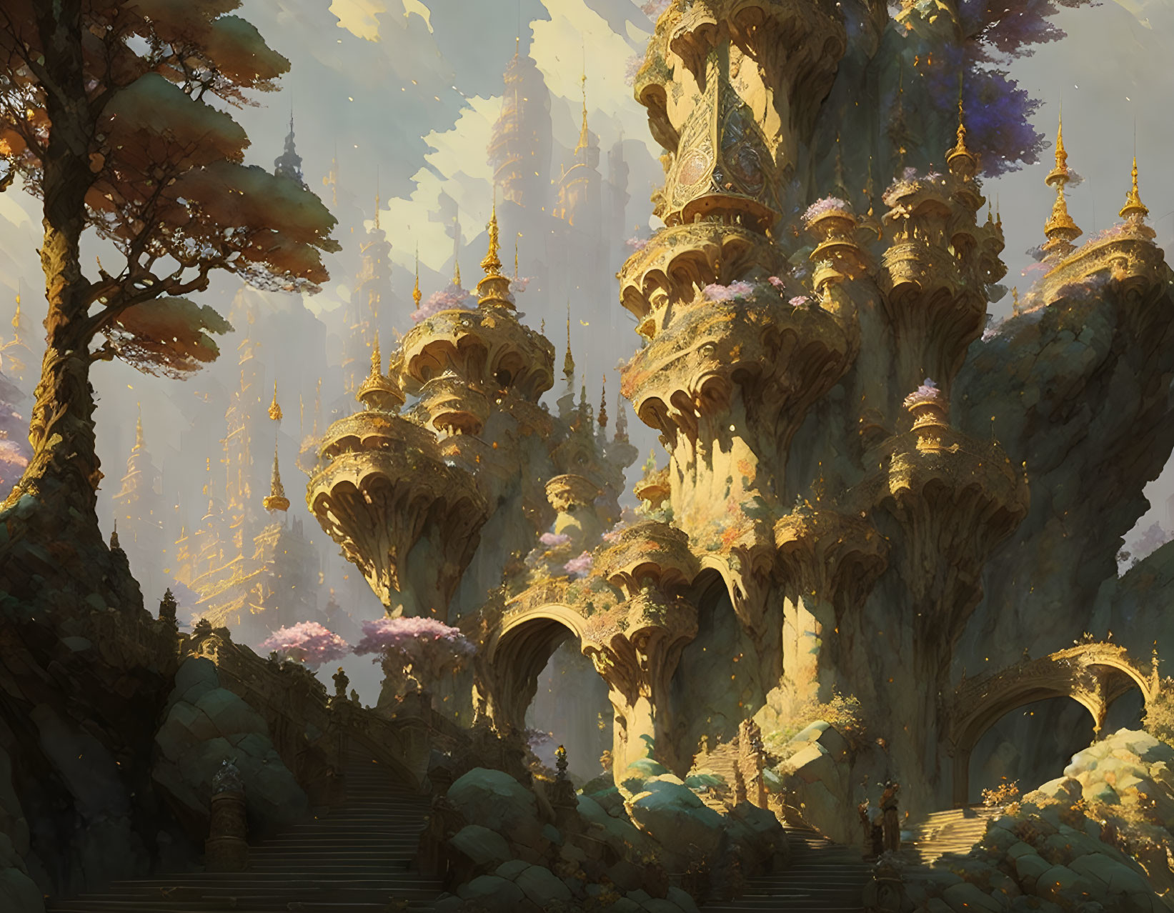 Fantastical landscape with golden spires and ancient trees.