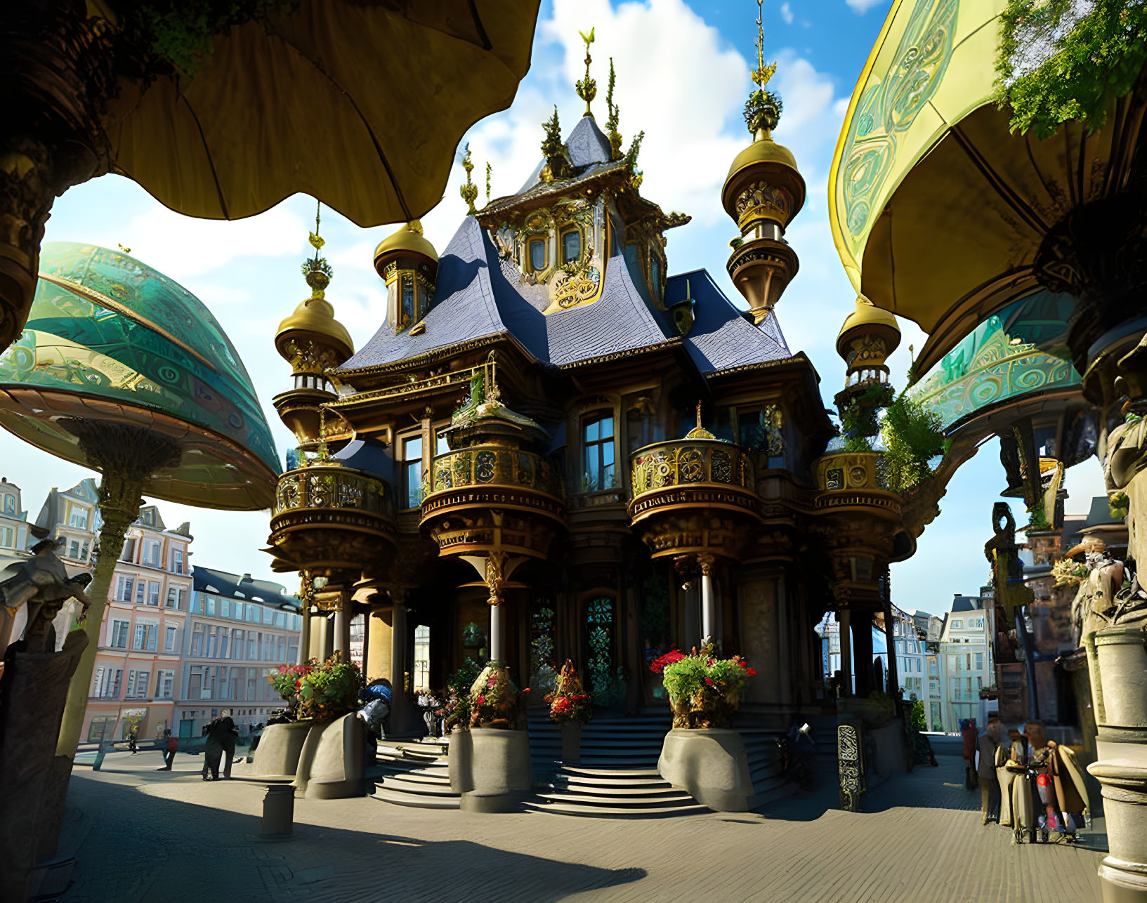 Fantasy-style golden buildings under large mushrooms in cobblestone plaza