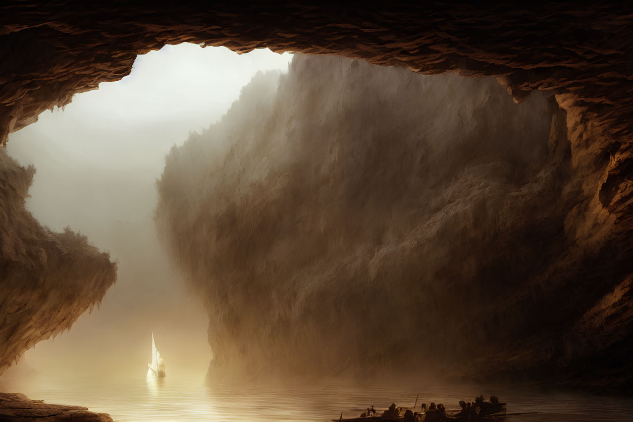 Tranquil lake with sailboat viewed from serene cavern opening