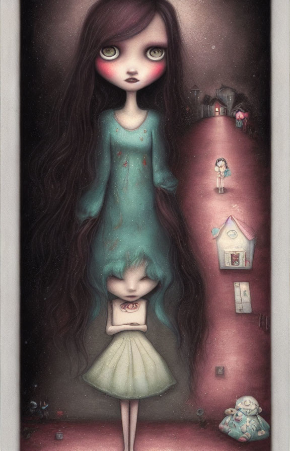 Surreal painting of girl with large eyes and long hair in dollhouse setting