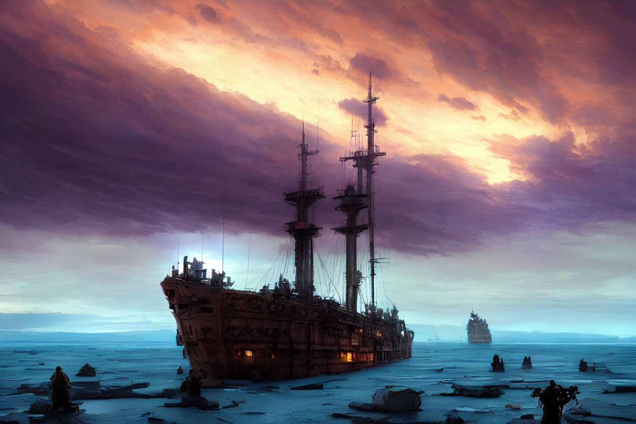 Abandoned ship on desolate plain at sunset