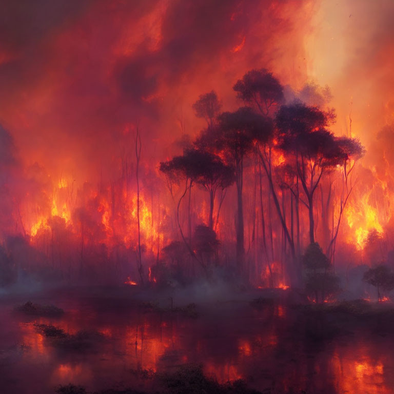 Intense forest fire with billowing smoke and fiery silhouettes reflected in water