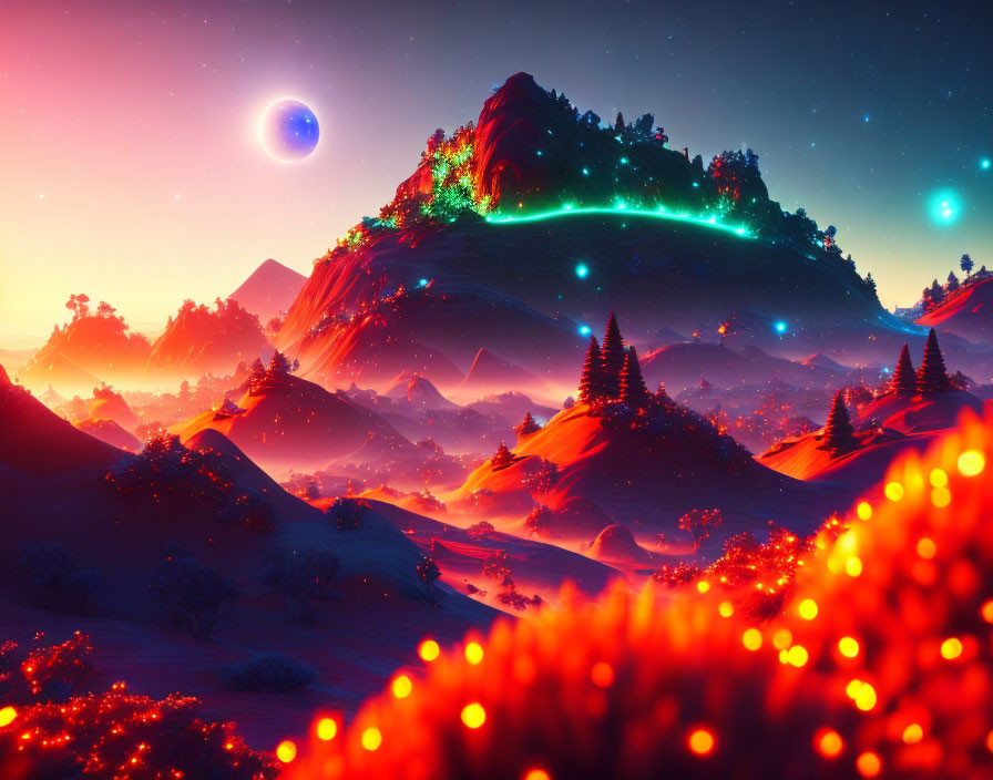 Surreal landscape with glowing plants, neon-lit mountain, celestial sky