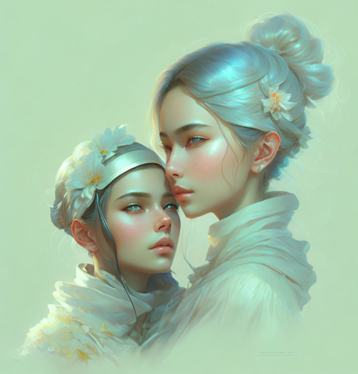 Ethereal female figures with pale blue hair and floral adornments