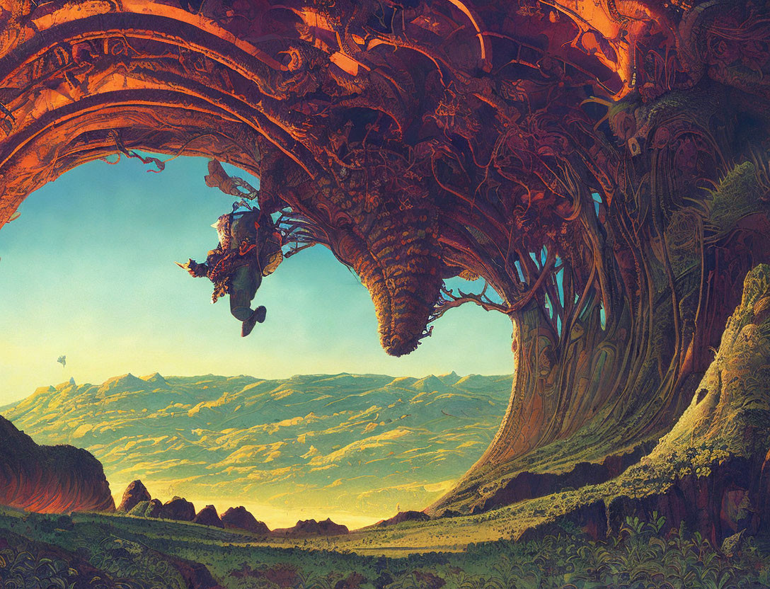 Sci-fi landscape with colossal organic structure and figure in mid-air
