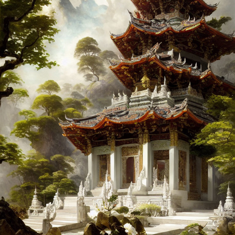 Ornate multi-tiered temple in lush surroundings with misty mountains and intricate statuary.