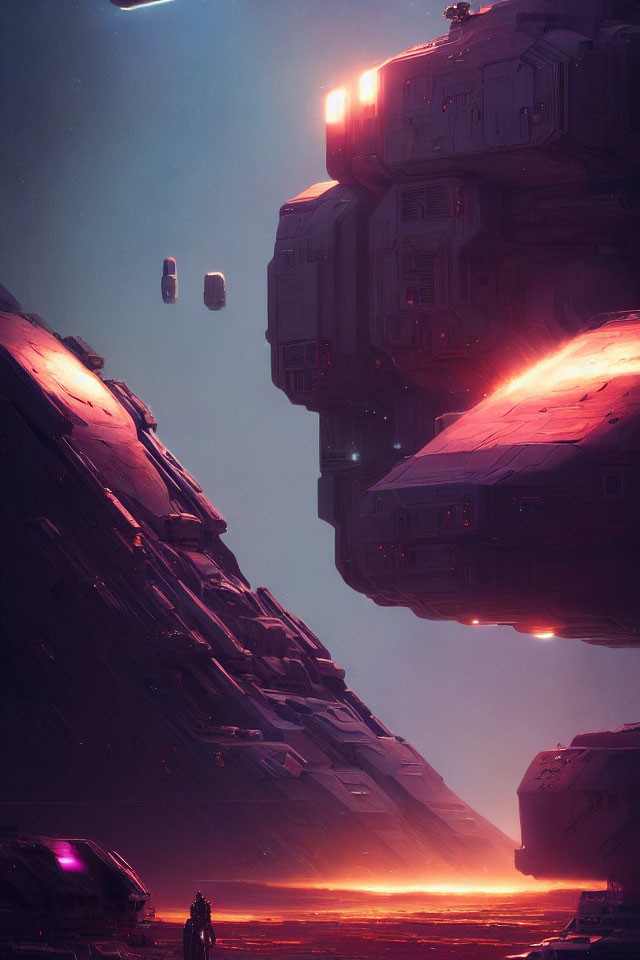 Futuristic spaceships over red terrain with silhouettes of people under dusky sky