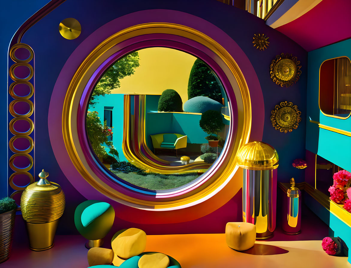 Colorful Abstract Room with Circular Doorways & Eclectic Decor