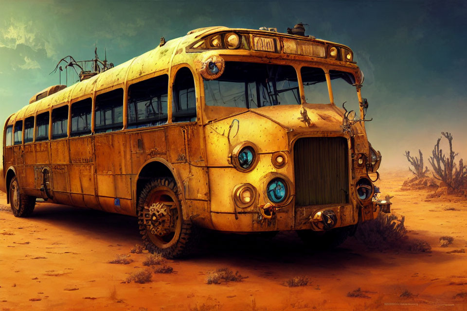 Weathered Yellow School Bus Abandoned in Desert Landscape