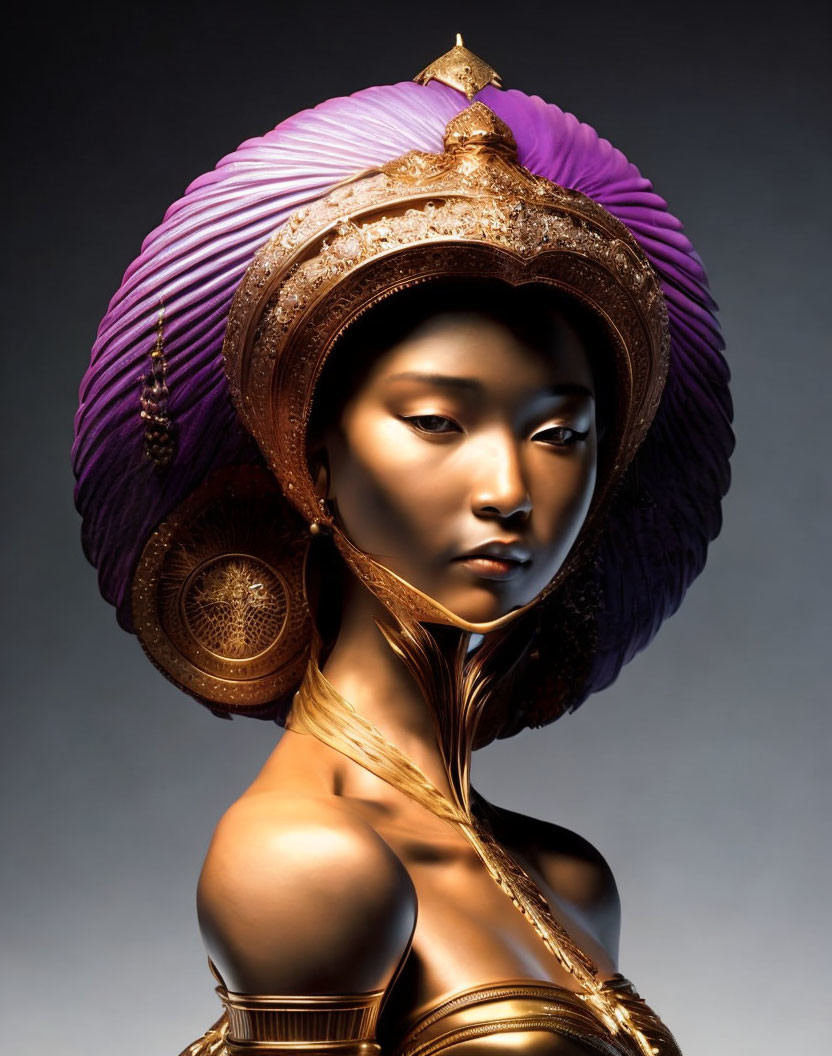 Golden-skinned woman in purple and gold headdress on gray background