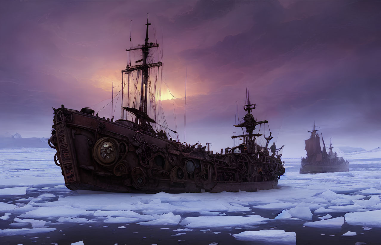 Ornate ships trapped in icy waters under a dusky purple sky