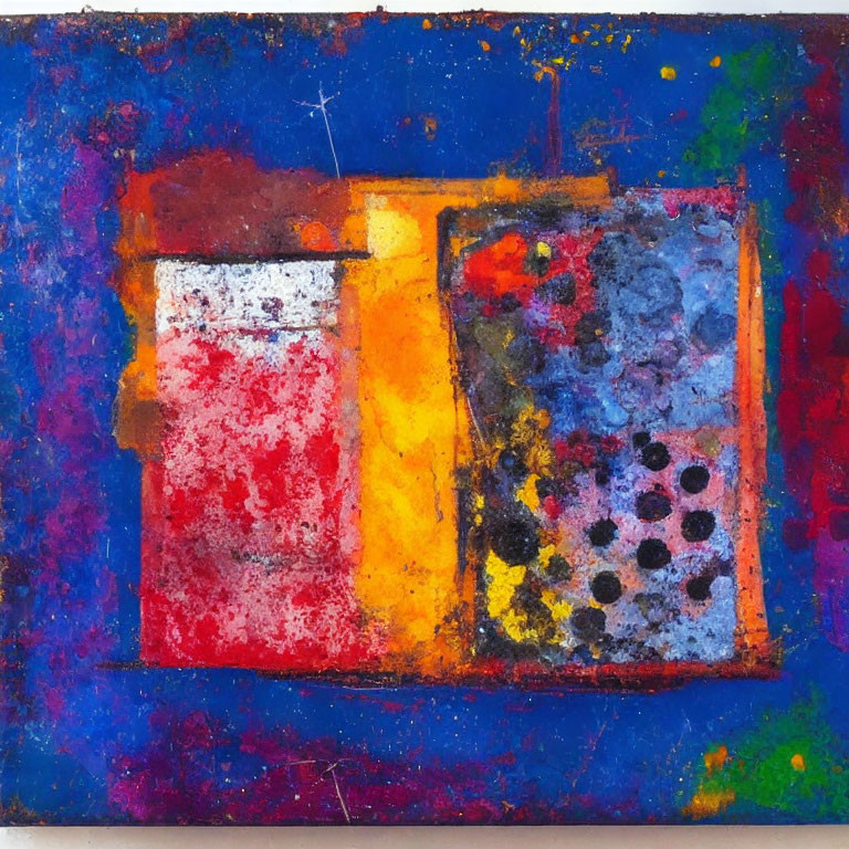 Vibrant Abstract Painting with Blue, Red, and Yellow Blocks on Textured Background