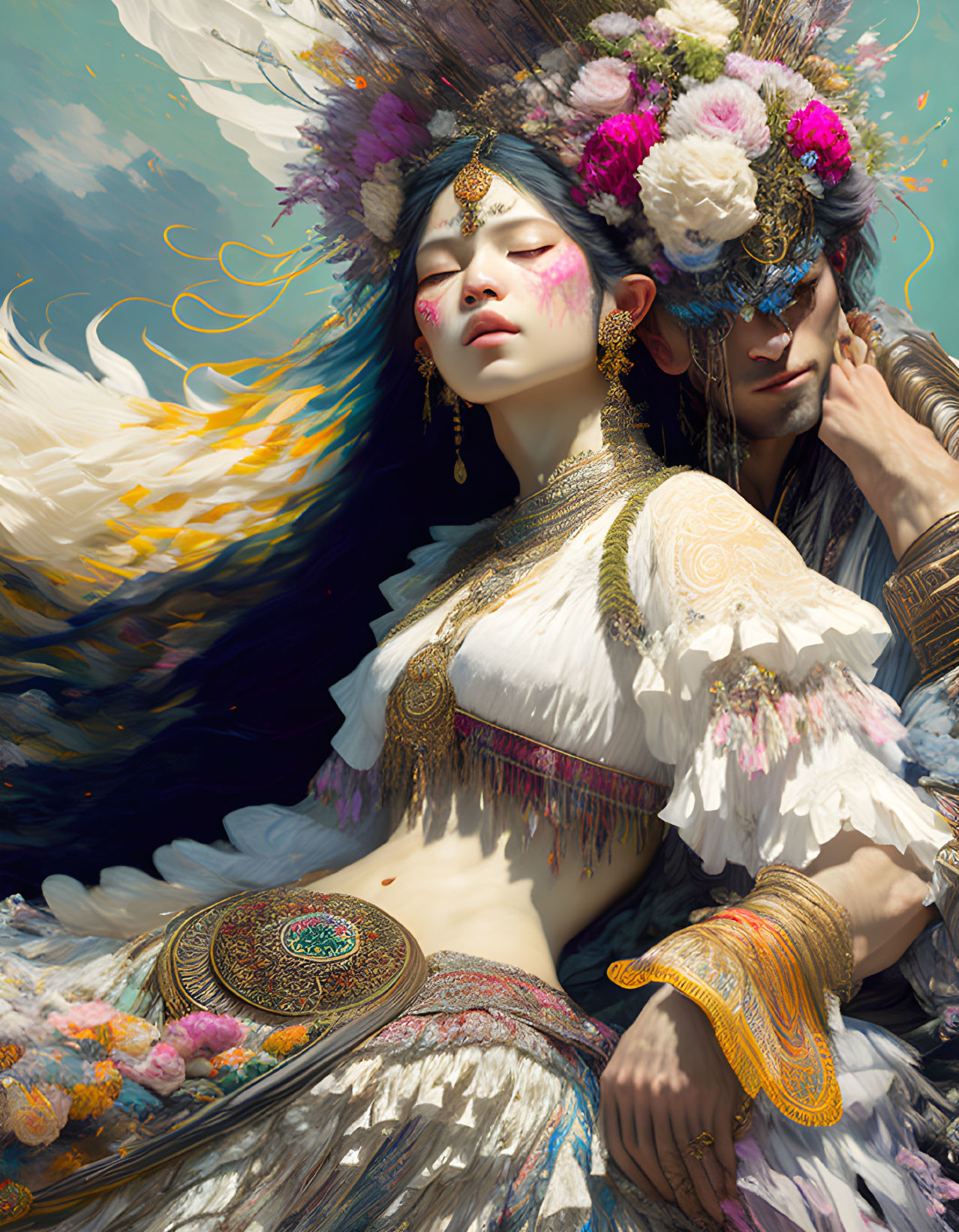 Fantastical image of woman and man in elaborate, ethereal attire with feathers and flowers.