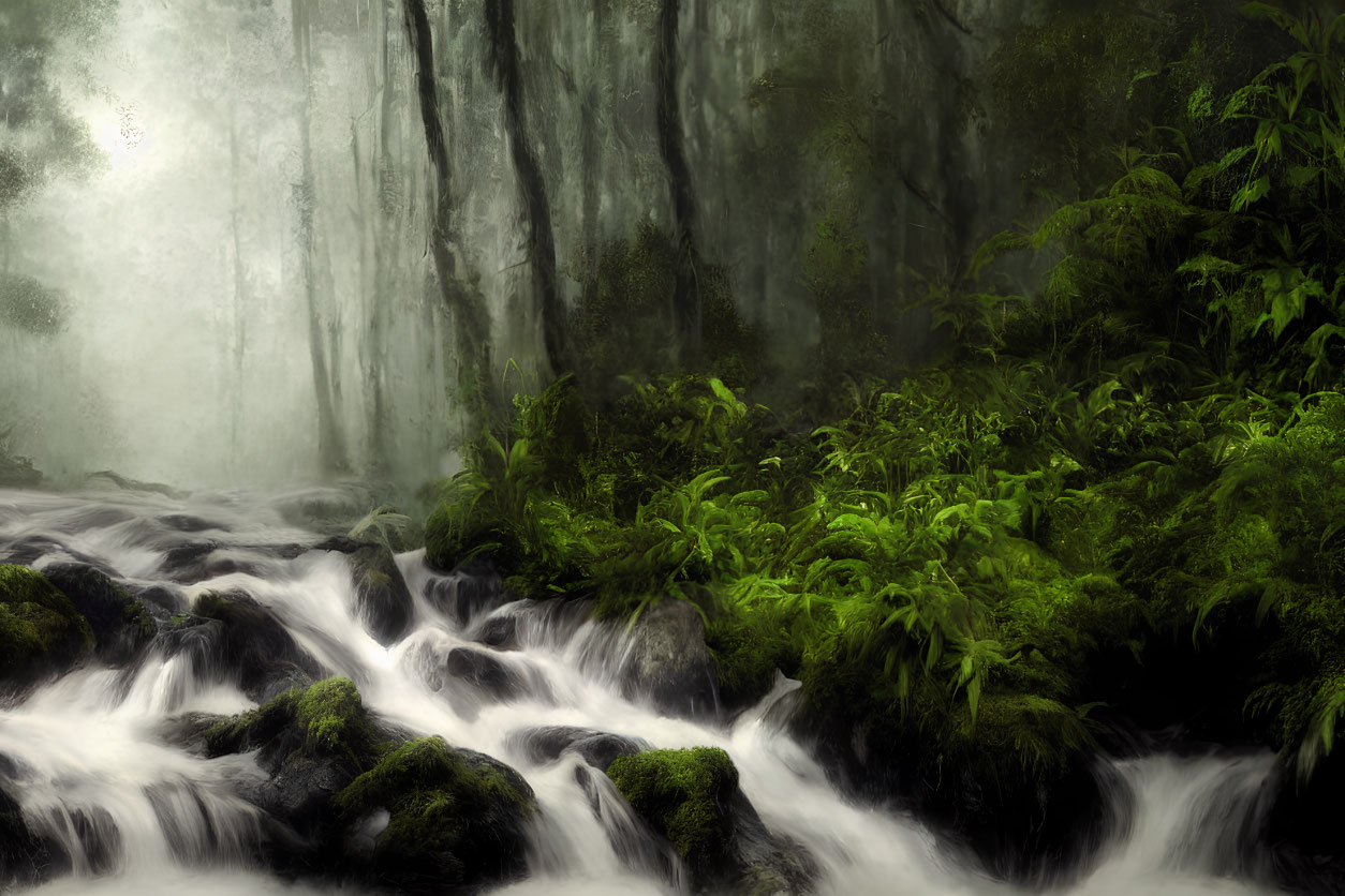 Lush green forest scene with flowing stream and soft light