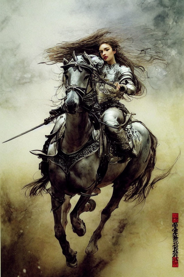 Warrior woman in silver armor on galloping horse with spear in hand