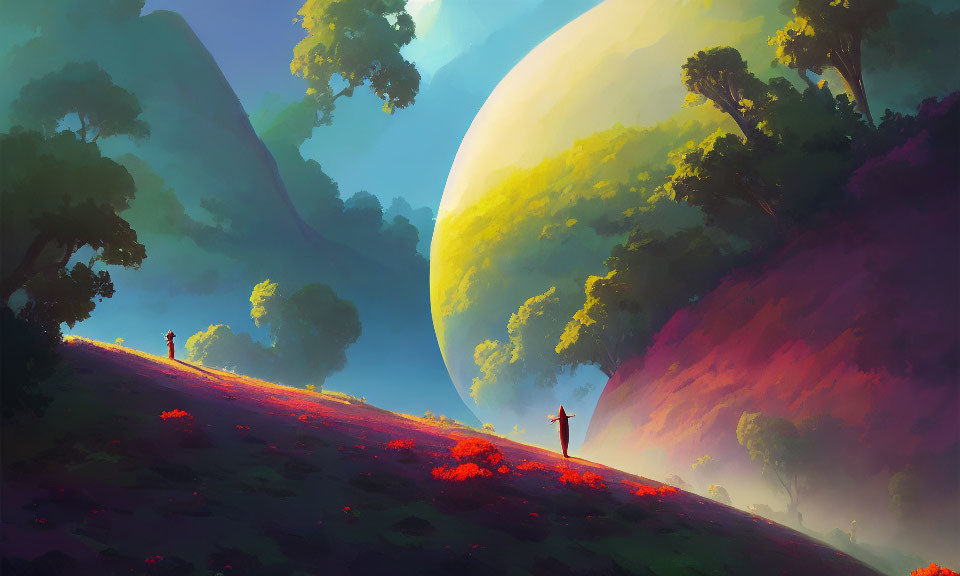 Silhouetted figures on vibrant, colorful landscape with large hills and rising planet