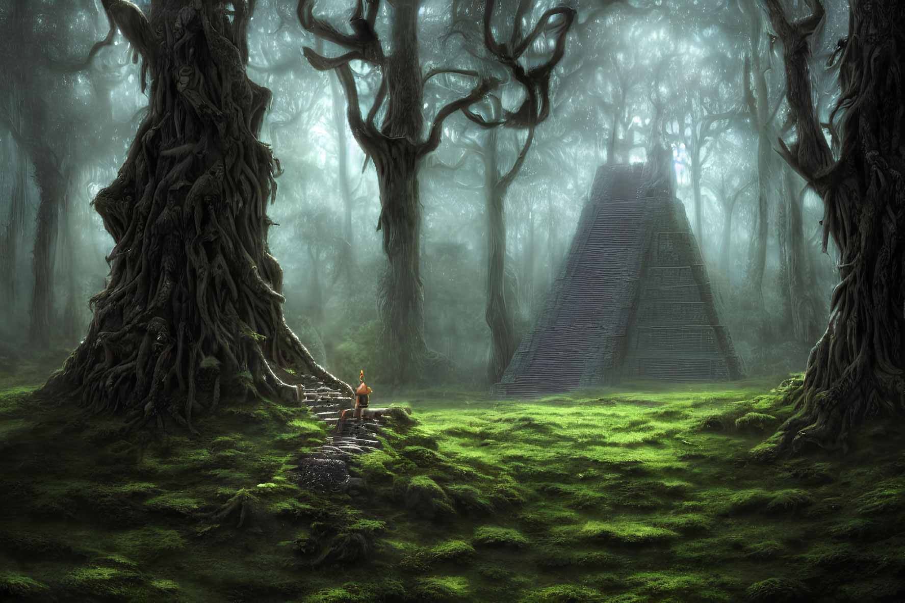 Enigmatic forest scene with ancient trees and stone pyramid in fog