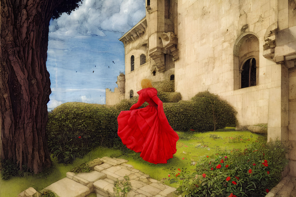 Woman in Red Dress Climbing Stone Steps Near Historic Building