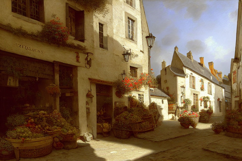 Vintage buildings on quaint cobblestone street with fresh fruits and vibrant flowers under radiant sky