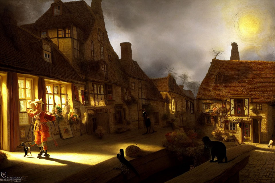 Village scene at dusk: person playing violin, onlookers, dog, and cat under sun