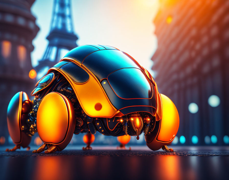 Shiny blue and orange robotic beetle in urban sunset backdrop