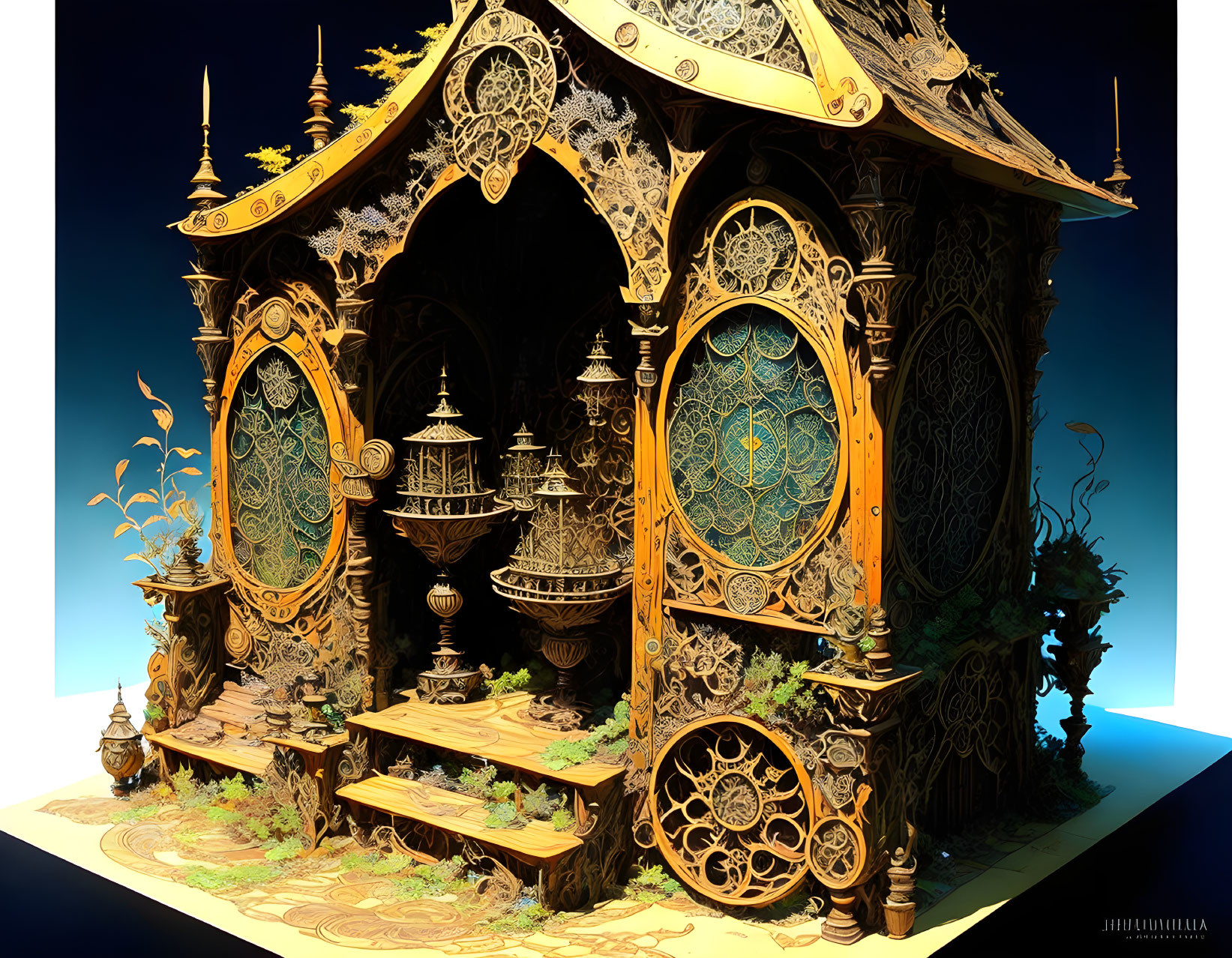 Detailed Fantasy Shrine Digital Artwork with Golden Patterns & Stained Glass