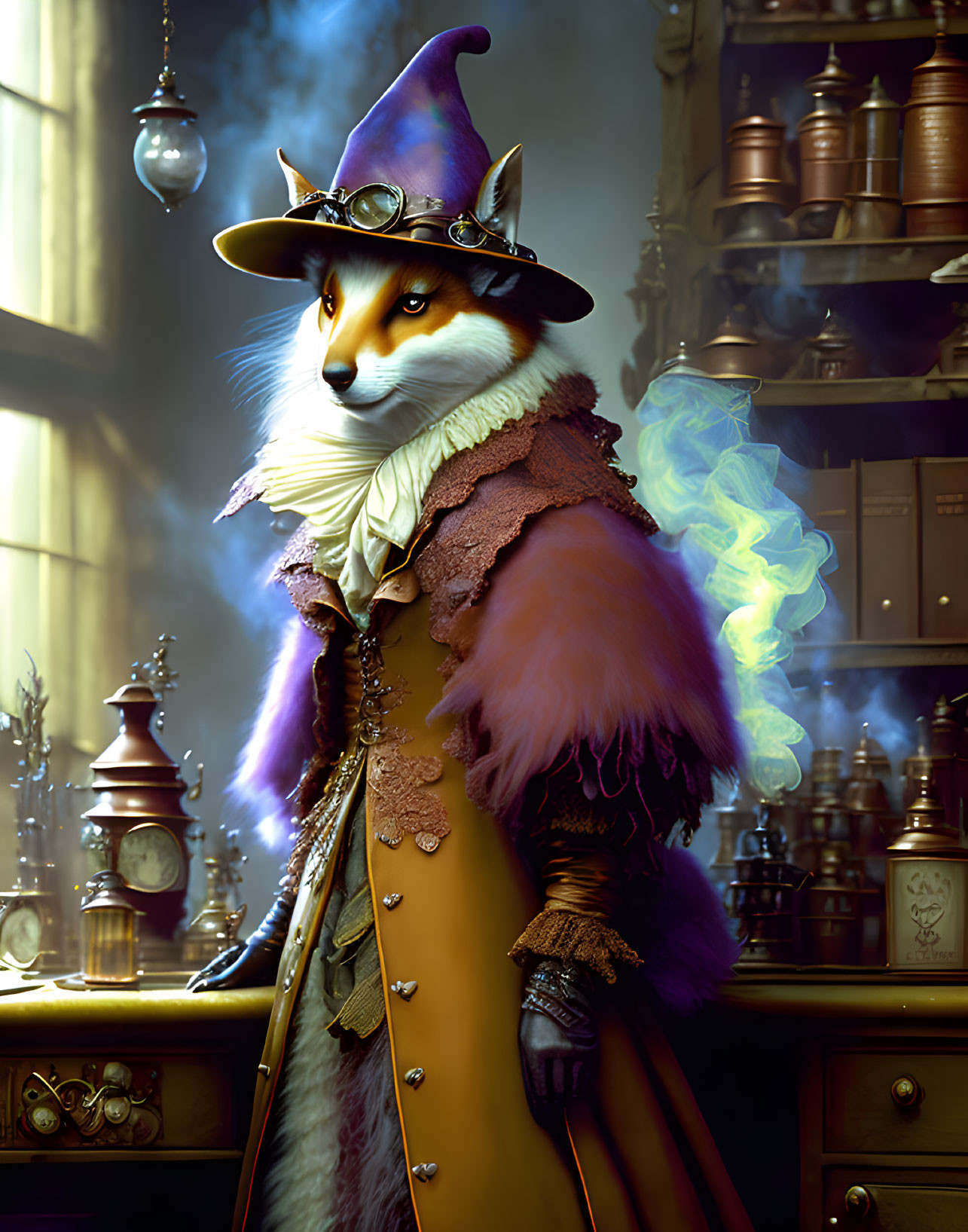 Anthropomorphic Fox Wizard in Purple Outfit in Mystical Shop