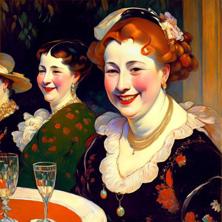 Vintage Attired Women Smiling at Table with Glasses