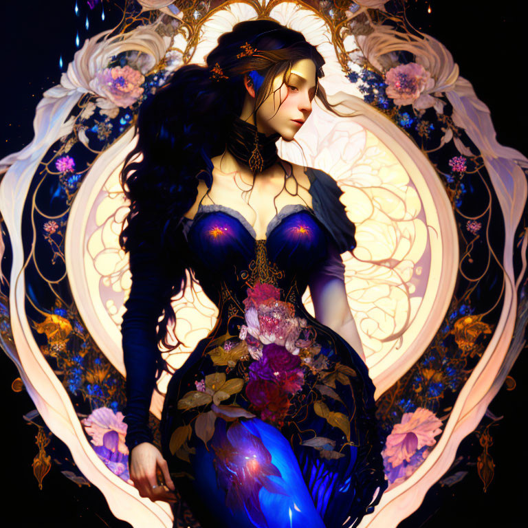 Digital artwork: Woman in blue dress with dark hair in ornate floral frame