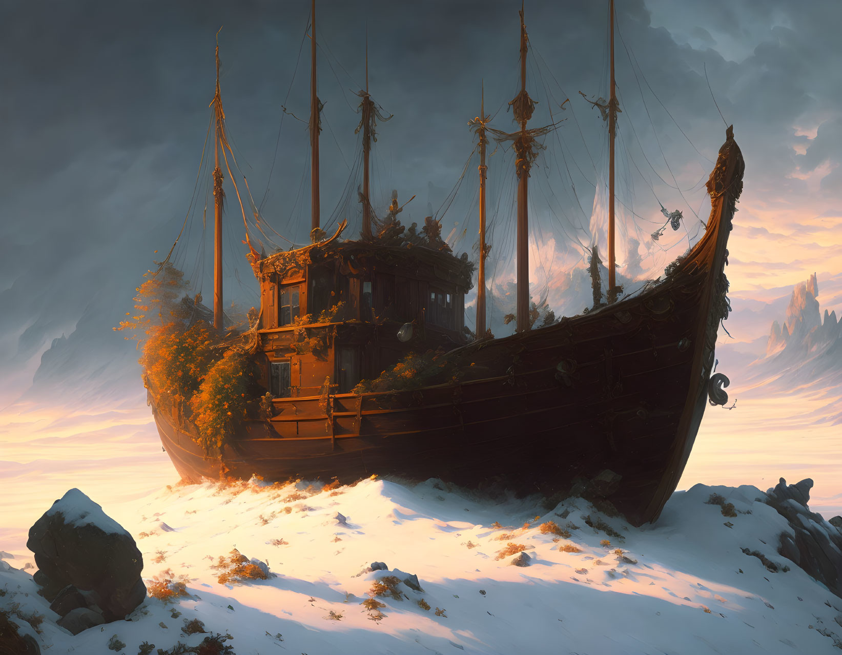 Ancient ship on snowy hilltop with dramatic sky