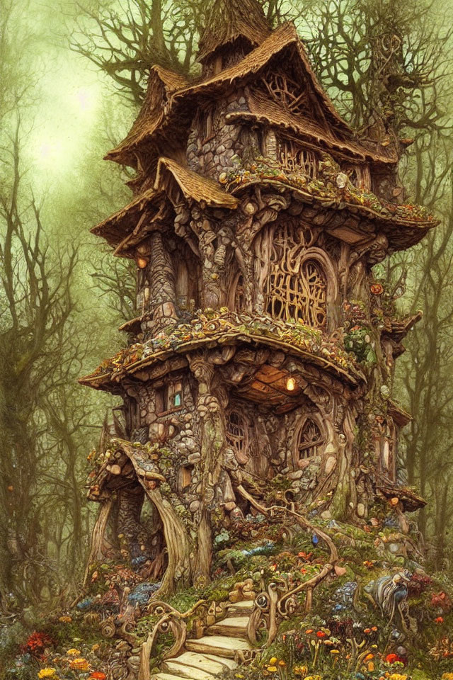 Detailed Fantasy Treehouse Surrounded by Lush Foliage