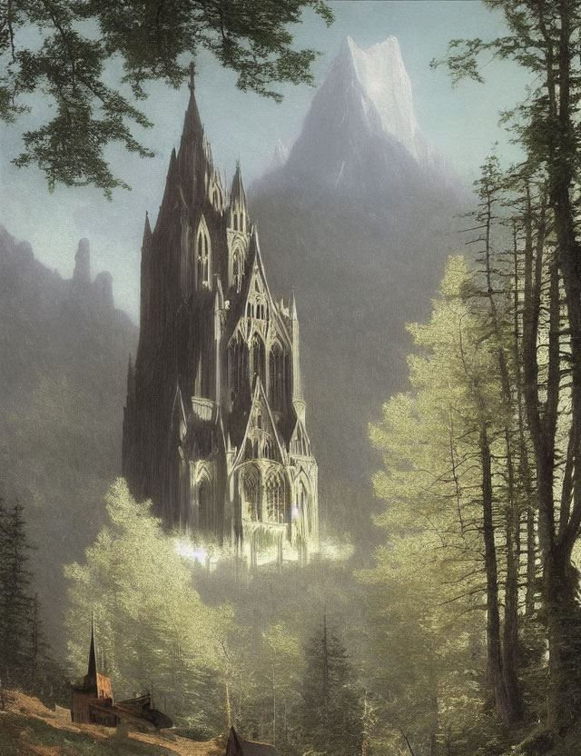 Ethereal gothic cathedral in forest with misty mountain.