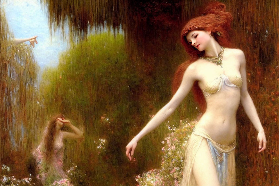 Mythical painting of two ethereal women in blooming landscape