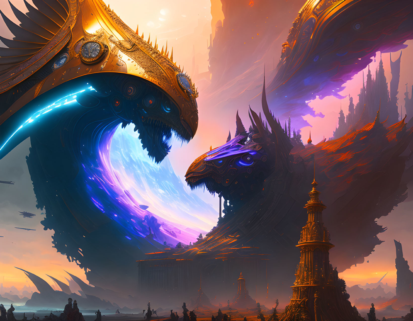 Fantastical landscape with towering spires and majestic dragon-like creature