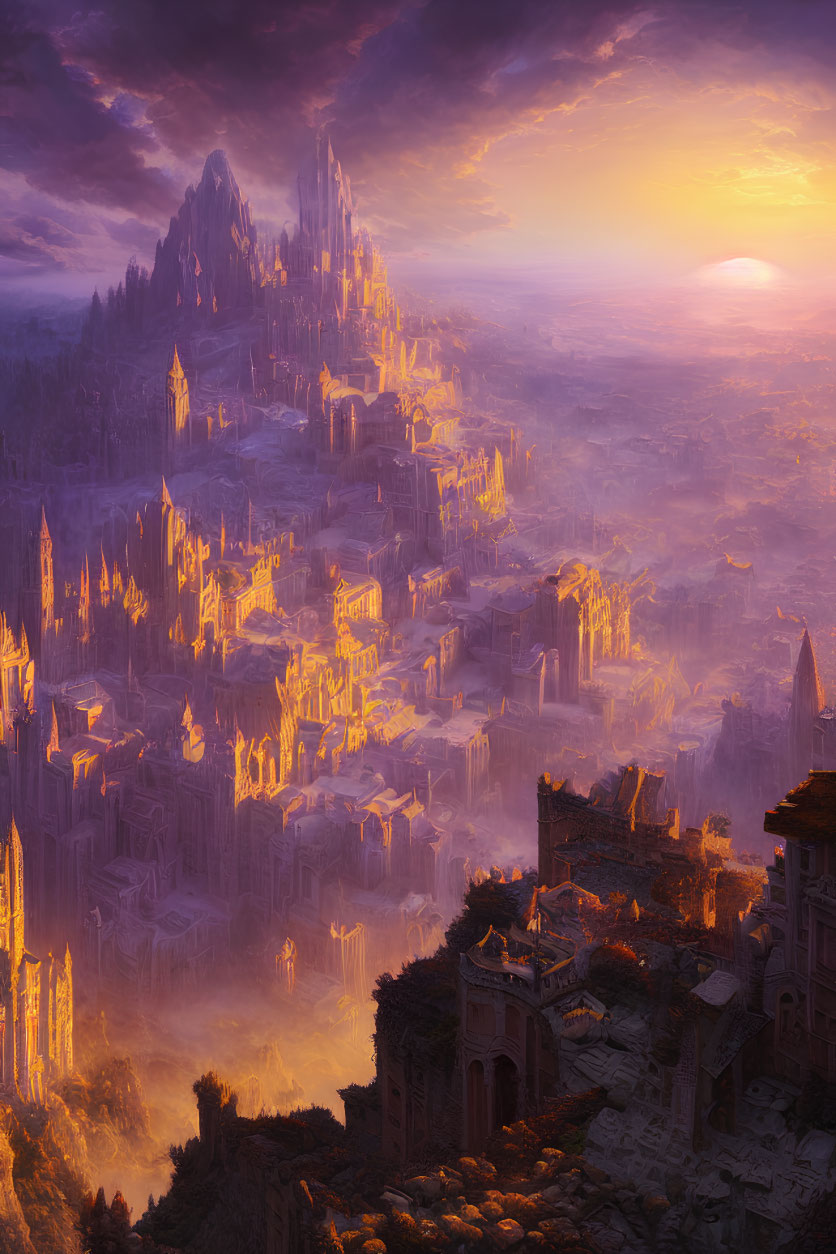 Fantastical city with towering spires at sunset in mountainous landscape