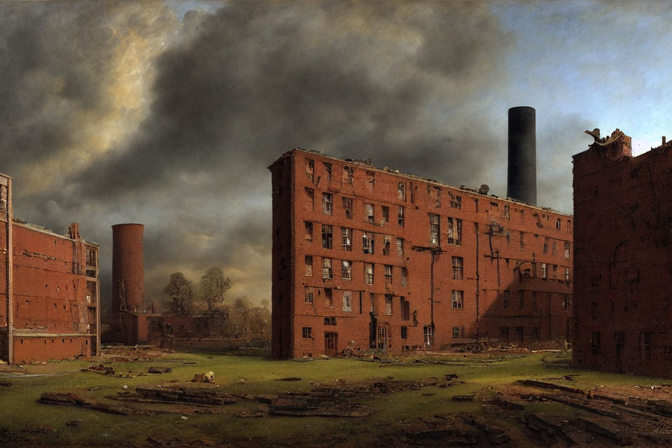 Oil painting of old industrial brick buildings with smokestacks under a cloudy sky