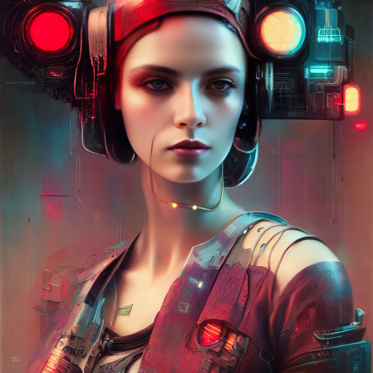 Futuristic woman with cybernetic enhancements and glowing red headset
